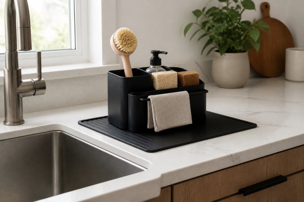 Minimalist kitchen sink counter with a compact waterproof organizer holding sponges, brushes, and cleaning cloths, with a protective splash mat visible on the countertop