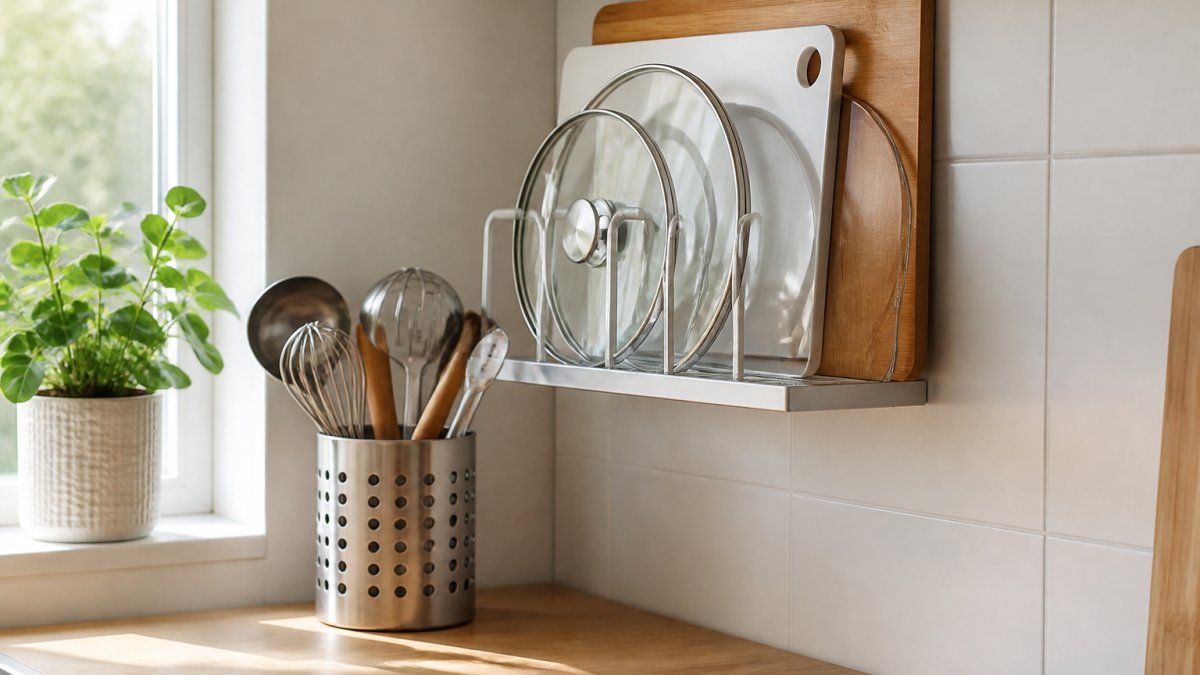Wall-mounted rack holding pot lids and cutting boards upright on a tidy kitchen benchtop with stainless steel utensils