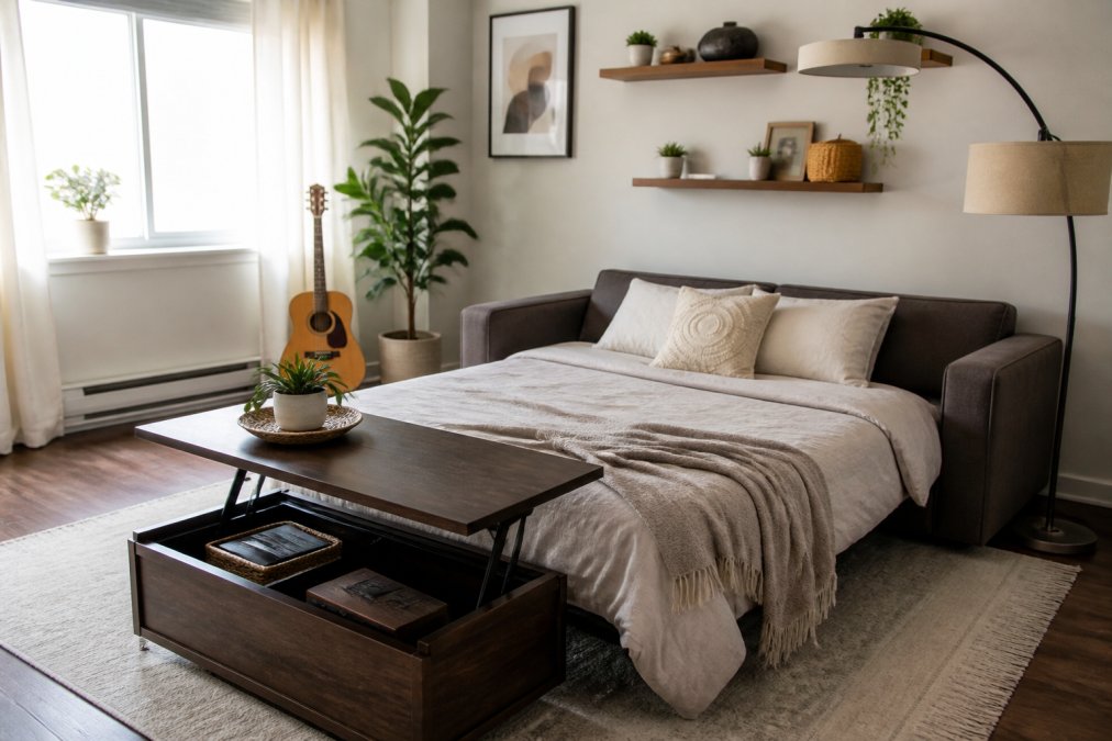 A real-life small living room with a convertible sofa bed, a lift-top coffee table, and wall-mounted shelves, styled clutter-free with natural light from a window