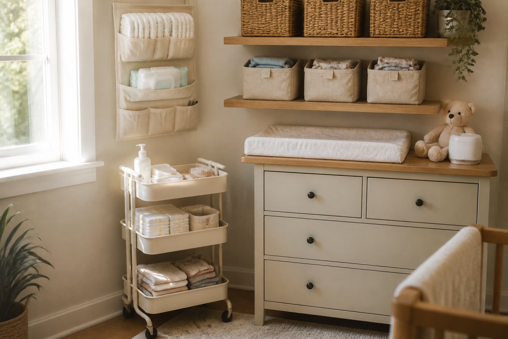 A well-organised small nursery corner with a rolling storage cart positioned next to a changing table, wall-mounted organiser holding nappies and wipes, and labelled storage baskets on floating shelves, with soft natural lighting from a nearby window