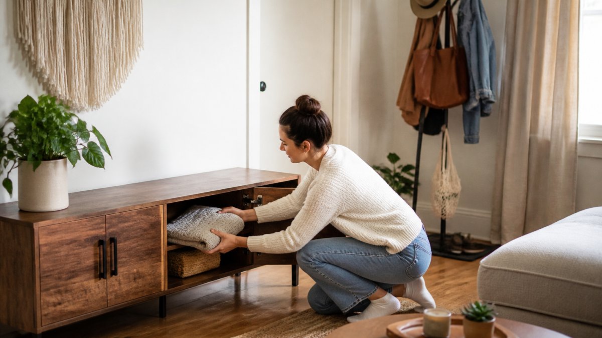 Person placing a folded blanket into a low storage cabinet in a small living room with a corner coat rack
