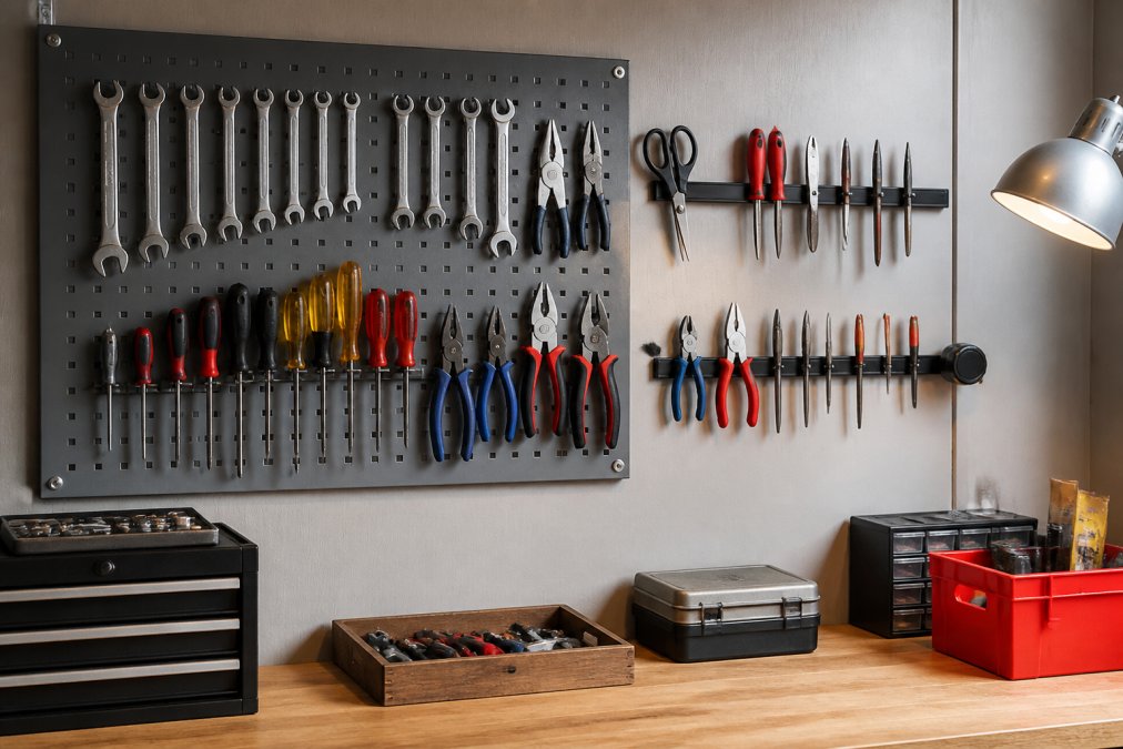 A neatly arranged garage wall with a metal pegboard holding wrenches, screwdrivers, and pliers, next to a magnetic strip holding scissors and small hand tools. The setup is well-lit and clearly shows tools hanging vertically above a small workbench.