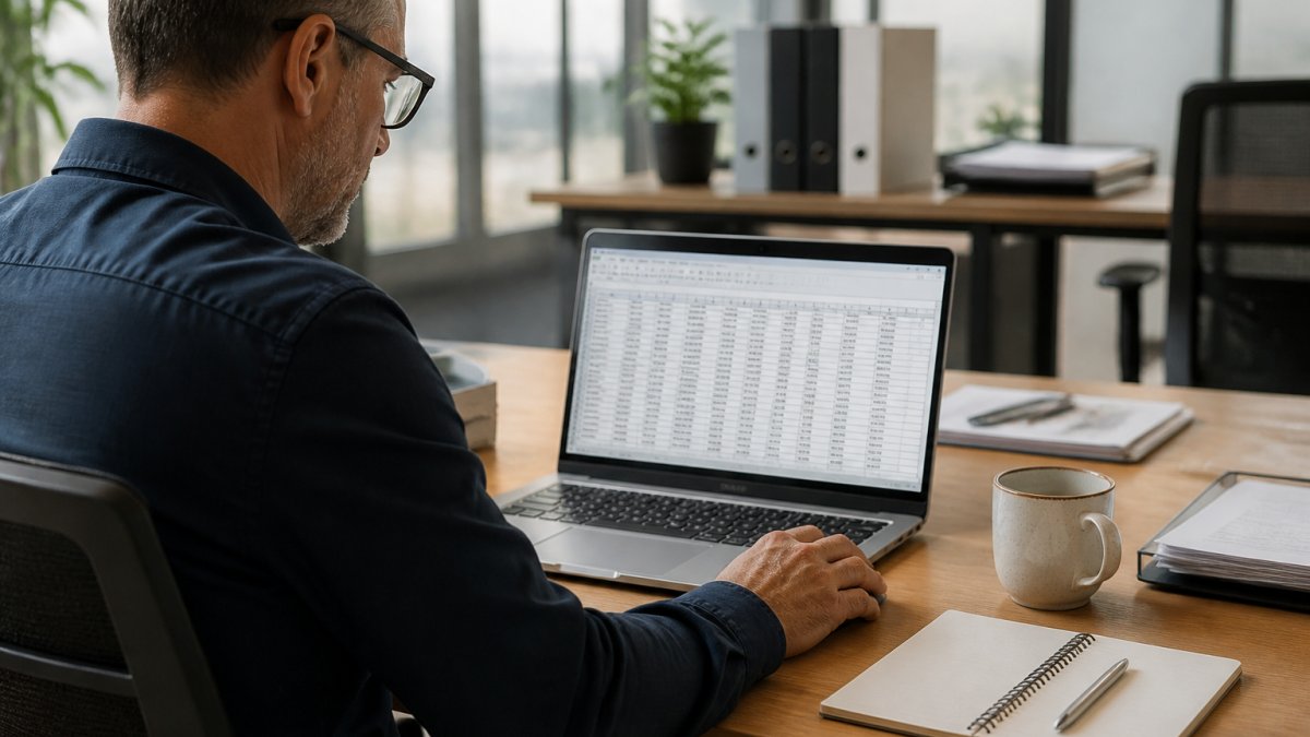 An operations manager at a desk reviewing a laptop screen showing a spreadsheet with clearly labeled columns, with a notebook and coffee nearby in a bright office
