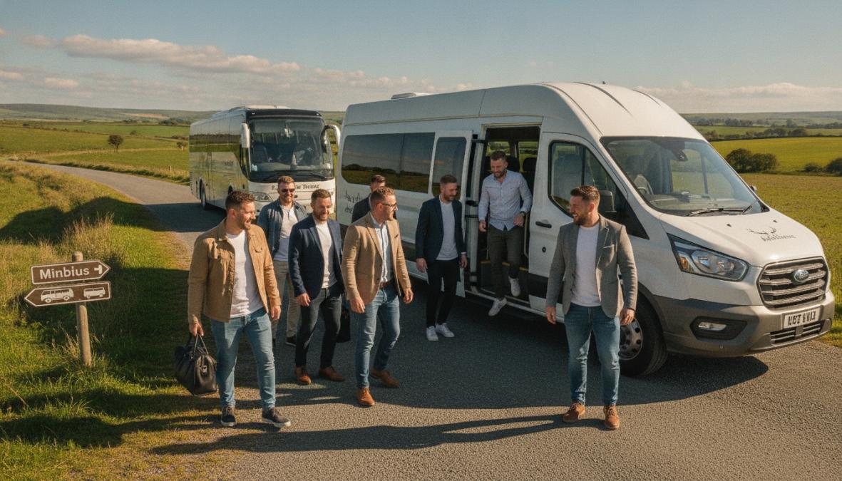 Group of men boarding a minibus, smiling and loading luggage, with a coach visible in the background on a sunny day
