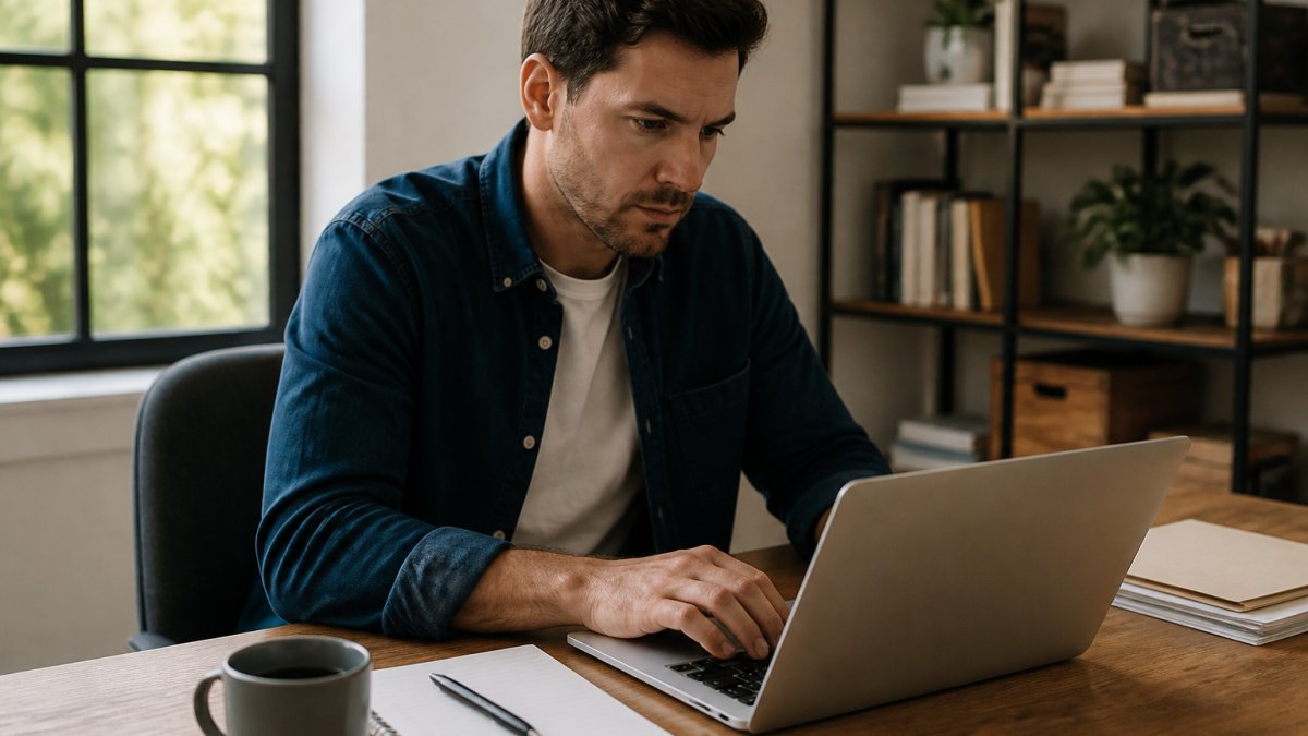 Startup founder reviewing a task tracker spreadsheet on a laptop at a desk, with a notebook and coffee nearby, focused on updating task status and checking due dates