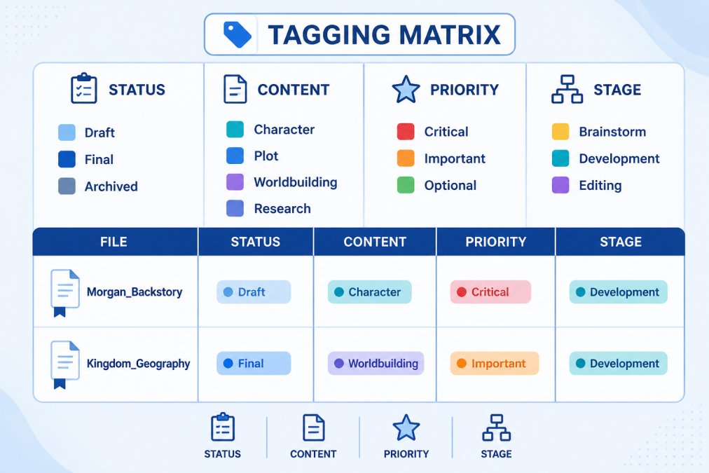 Tagging matrix showing four tag categories (Status: Draft/Final/Archived; Content: Character/Plot/Worldbuilding/Research; Priority: Critical/Important/Optional; Stage: Brainstorm/Development/Editing) with example files colour-coded by tag combinations: "Morgan_Backstory" tagged Draft+Character+Critical+Development; "Kingdom_Geography" tagged Final+Worldbuilding+Important+Development