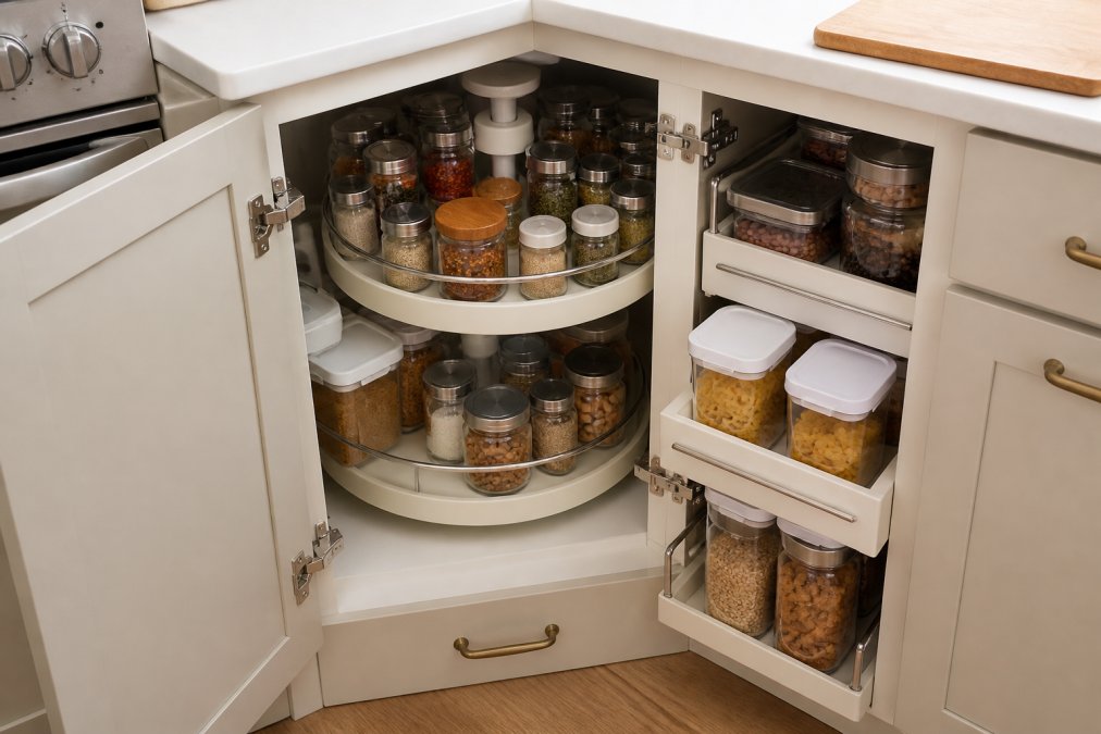 Close-up of an organized kitchen corner cabinet with a lazy susan turntable holding spices and small jars, pull-out shelves visible, and stackable containers neatly arranged on multiple levels