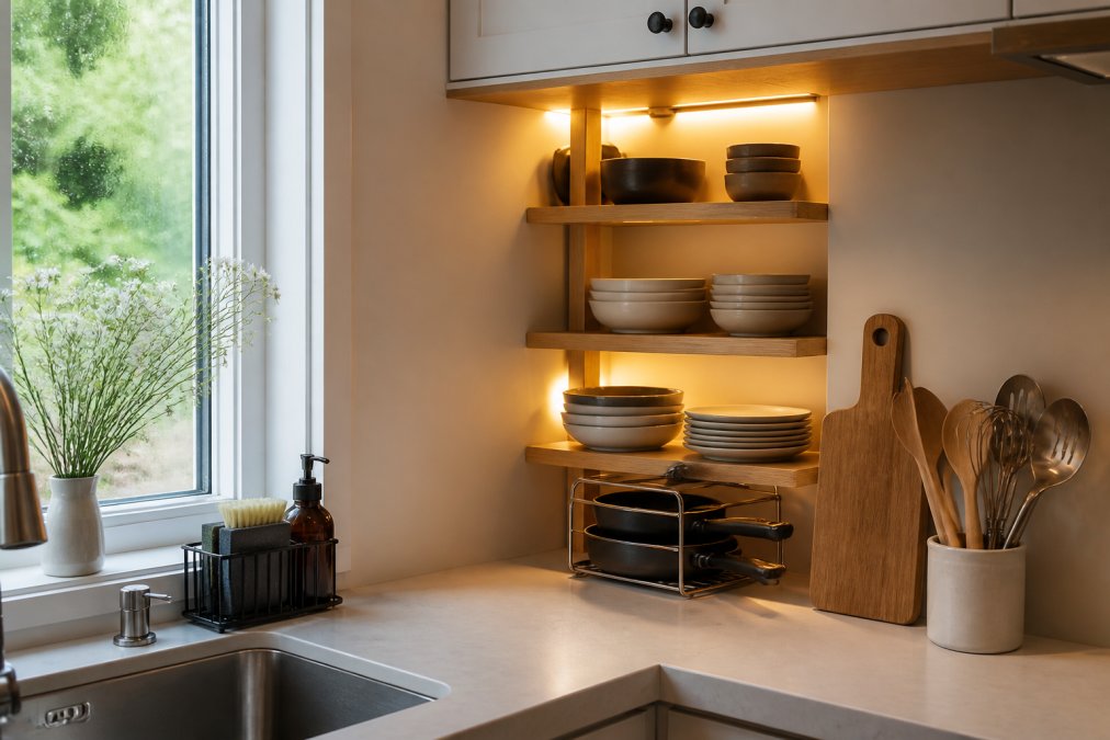 Modern minimalist kitchen corner with vertical shelf risers storing dishes and bowls, small LED light strip illuminating the dark corner, and clean Scandinavian aesthetic with white cabinetry