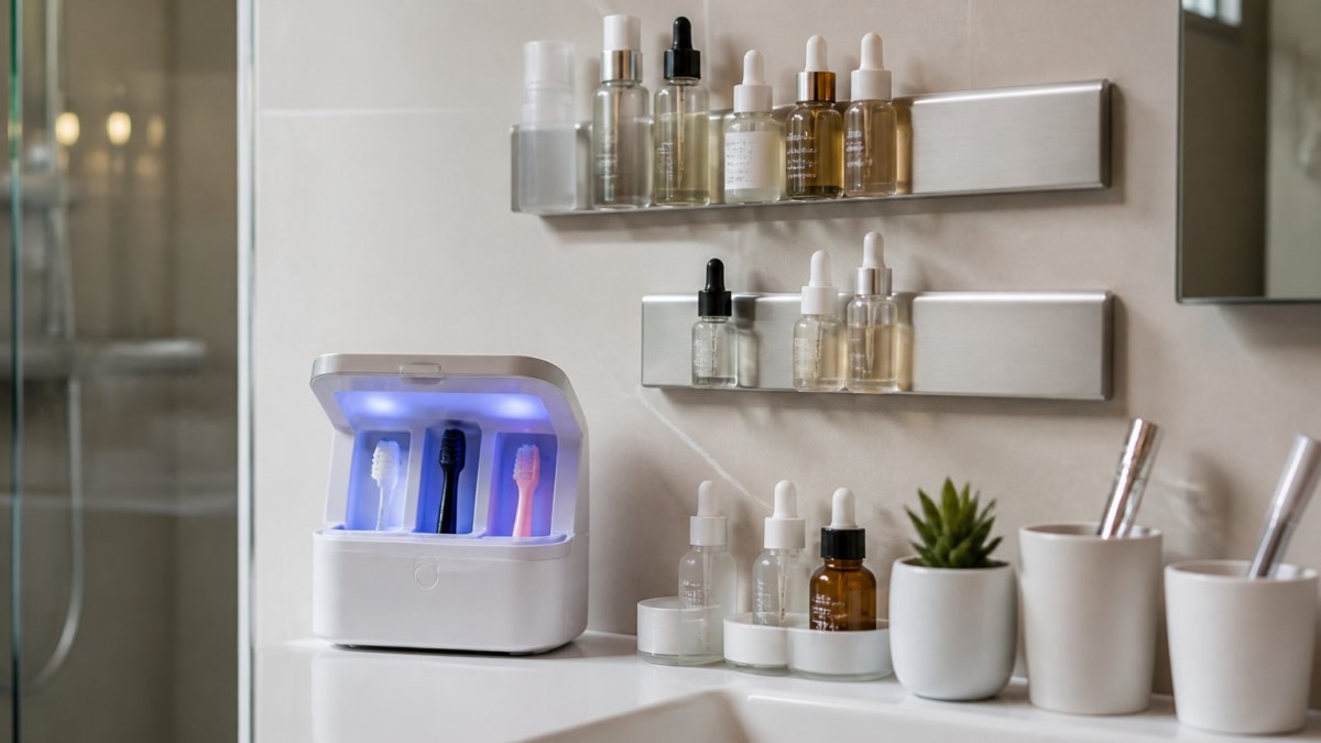 A tidy bathroom vanity countertop with magnetic storage strips holding small skincare bottles, a compact UV toothbrush sanitizer, and a few neatly arranged serums in a bright, modern bathroom