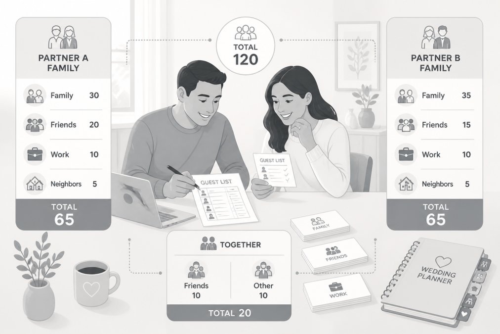 Engaged couple sitting at a dining table with printed guest lists, notecards, and a laptop, discussing and organizing guest names together in natural afternoon light