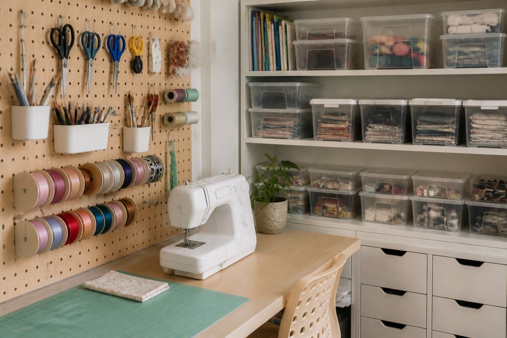 Pegboard storage, labeled bins, and a sewing machine showing how to organize your craft room supplies efficiently.