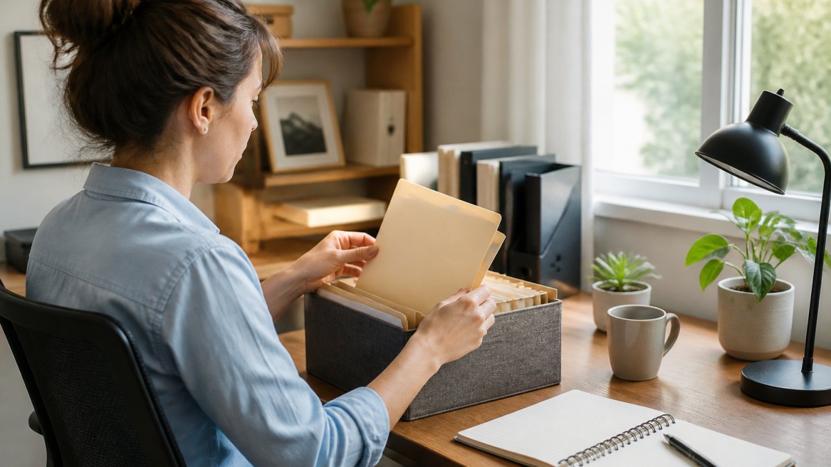 A person sitting at a tidy home office desk, sorting digital folders on a laptop screen with a notebook and pen beside them, bright natural light from a window