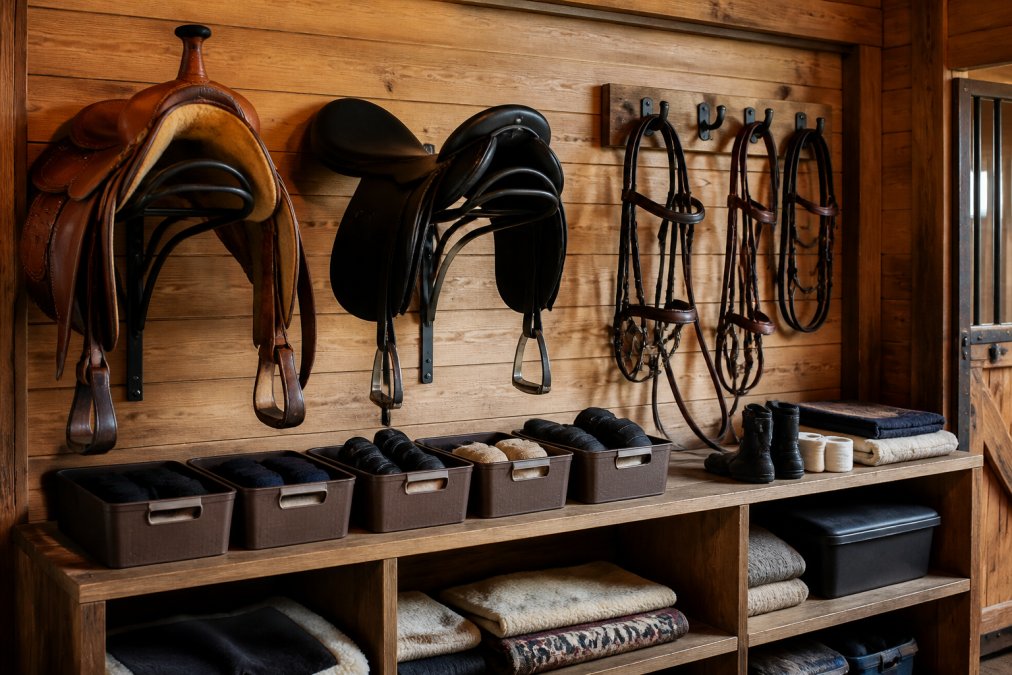 A well-organized tack room wall with wall-mounted saddle racks holding western and English saddles side by side, bridle hooks with bridles hanging neatly at eye level, and labeled storage bins on wooden shelves below, photographed in warm barn lighting