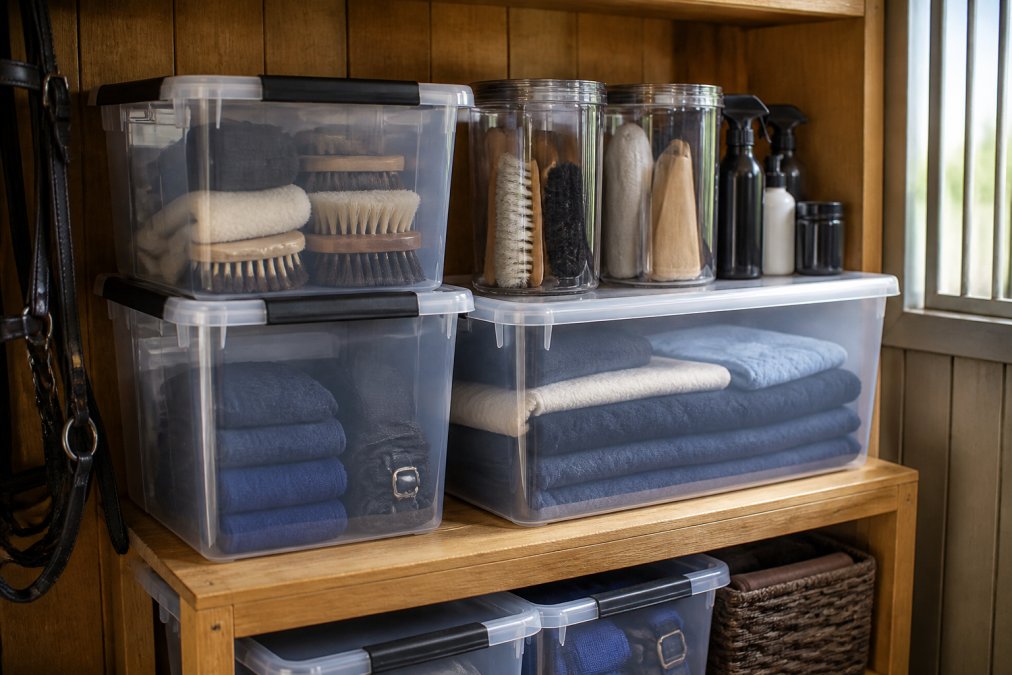 Close-up of sealed clear plastic storage bins and airtight containers holding equestrian grooming supplies and leather care products arranged neatly on a clean wooden barn shelf, photographed in natural daylight
