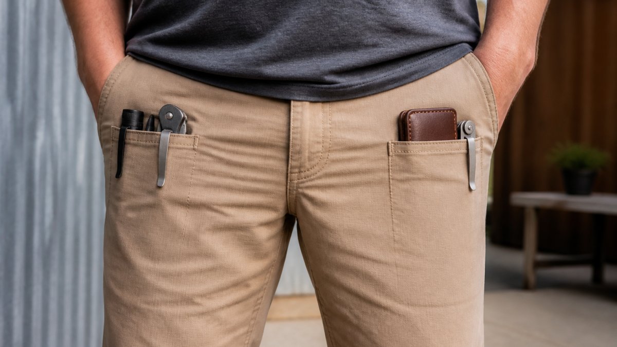 Person's pants pockets showing neatly organized everyday carry pocket gear arranged without visible bulging, demonstrating proper weight distribution and balanced pocket layout