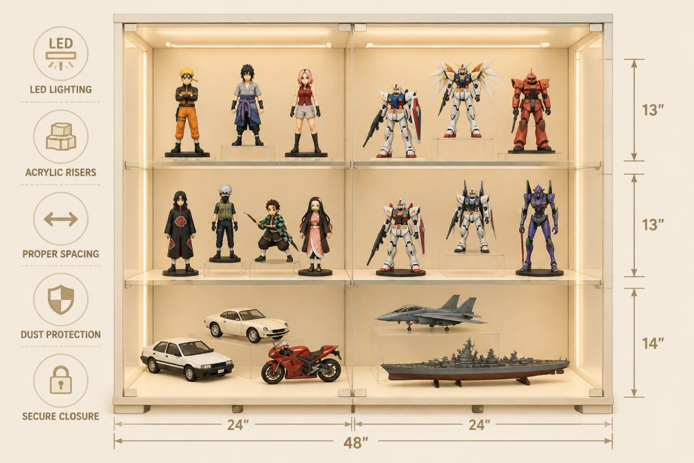 A well-organized display cabinet showing anime action figures and scale models arranged on multiple shelves with clear acrylic risers, LED strip lighting creating warm illumination, and proper spacing between figures demonstrating professional presentation