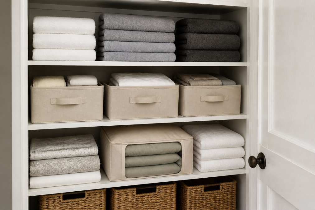 Neatly organized linen closet with labeled bins and folded towels to show how to organize your linen closet