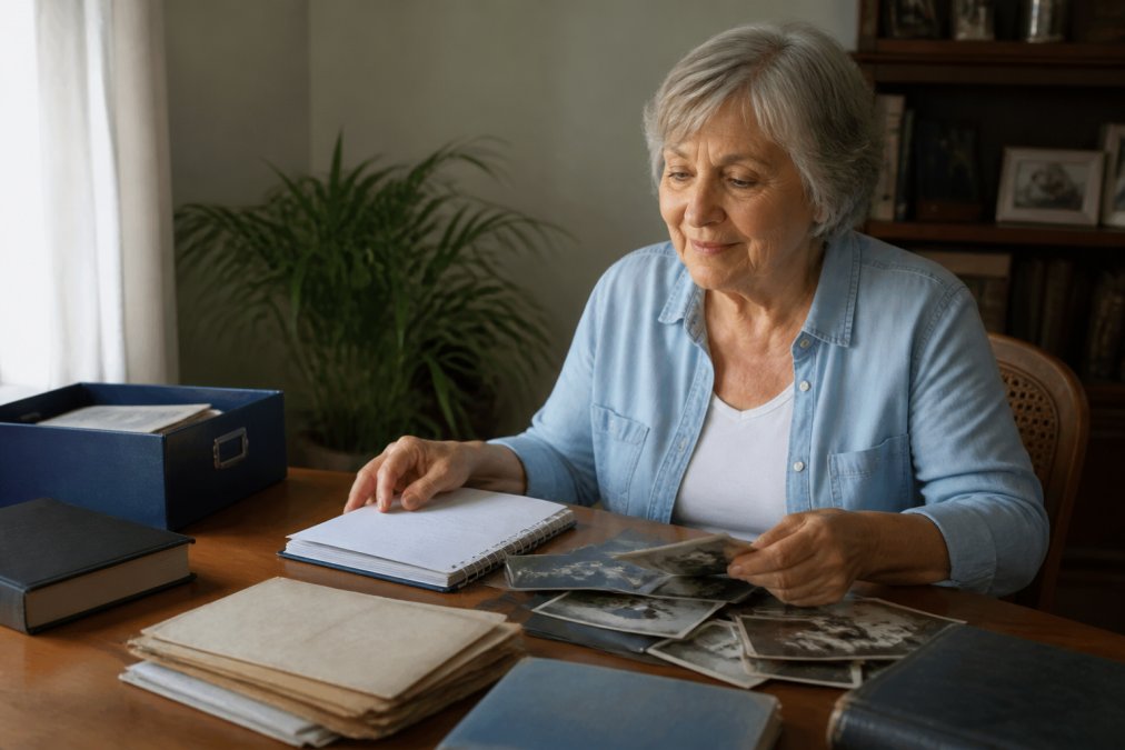 Older adult sitting at a desk with a journal, photographs, documents, and a laptop, organizing materials with a warm, focused expression in natural lighting