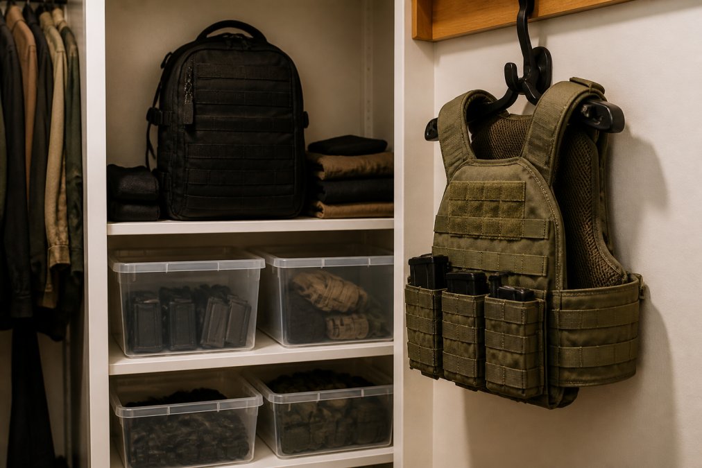 A tidy home closet with a plate carrier hanging on a wall hook, a black tactical backpack on a shelf, and labeled clear storage bins holding loose magazines and range gear under warm indoor lighting