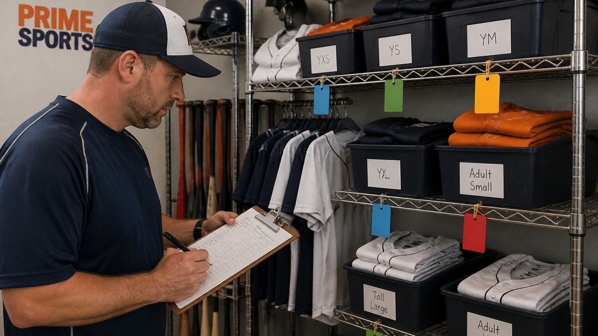 Coach organizing youth baseball uniforms on a metal rack with labeled storage bins and an inventory checklist