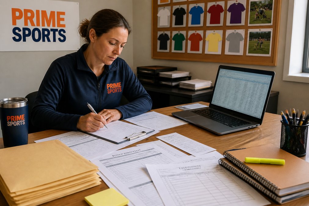 Coordinator organizing registration forms and team color swatches for a youth sports league roster process.