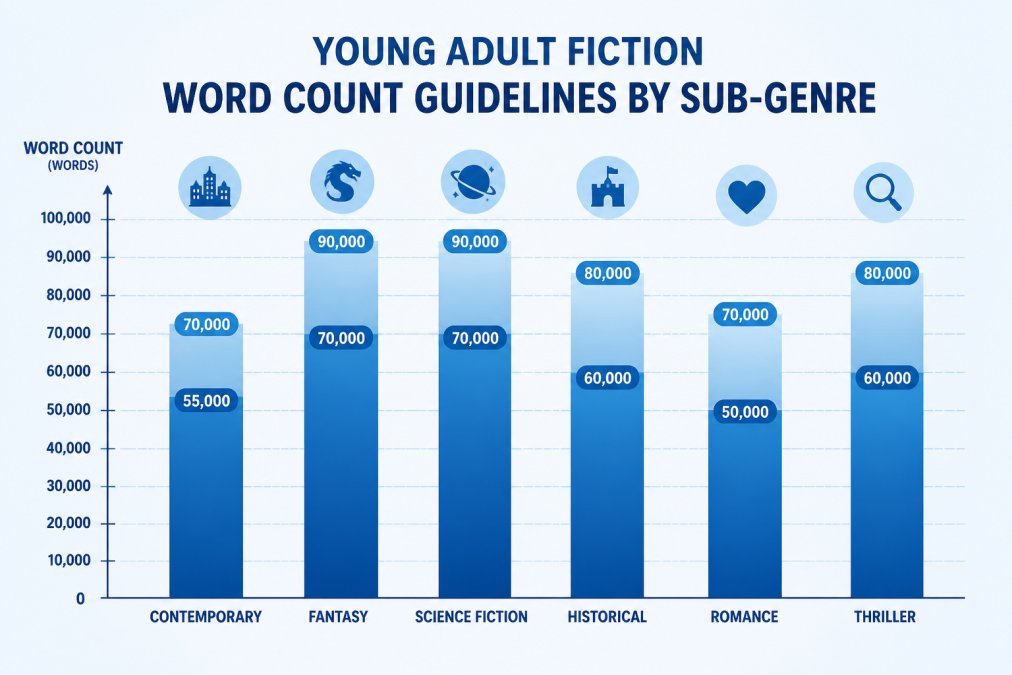 Bar chart comparing typical YA word count ranges by sub-genre: contemporary 55,000-70,000; fantasy 70,000-90,000; science fiction 70,000-90,000; historical 60,000-80,000; romance 50,000-70,000; thriller 60,000-80,000