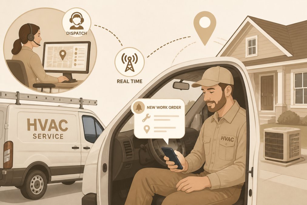 HVAC technician in a service van receiving a work order notification on mobile device while parked at a residential property, showing real-time dispatch communication in action