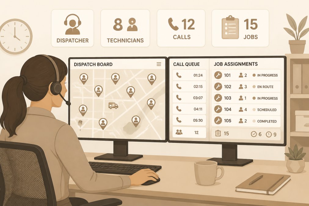 Remote dispatcher at desk with dual monitors displaying dispatch board showing technician locations, call queue, and job assignments in real-time