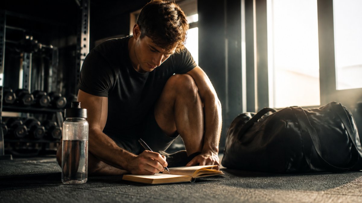 A focused athlete in a dimly lit gym, writing in a training journal with a water bottle and gym bag nearby, early morning light streaming through a window