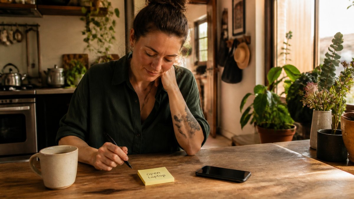 A person sitting at a tidy desk with a sticky note that reads 'open laptop', a cup of coffee nearby, and a phone face-down, warm natural light