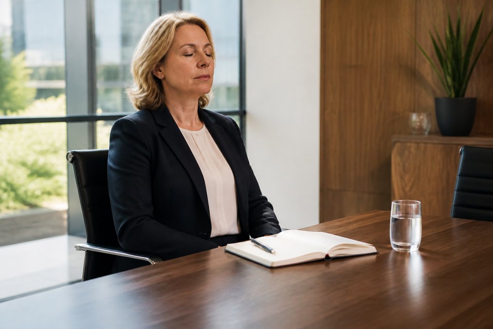 Three-step breathing process to manage board meeting anxiety before entering the room