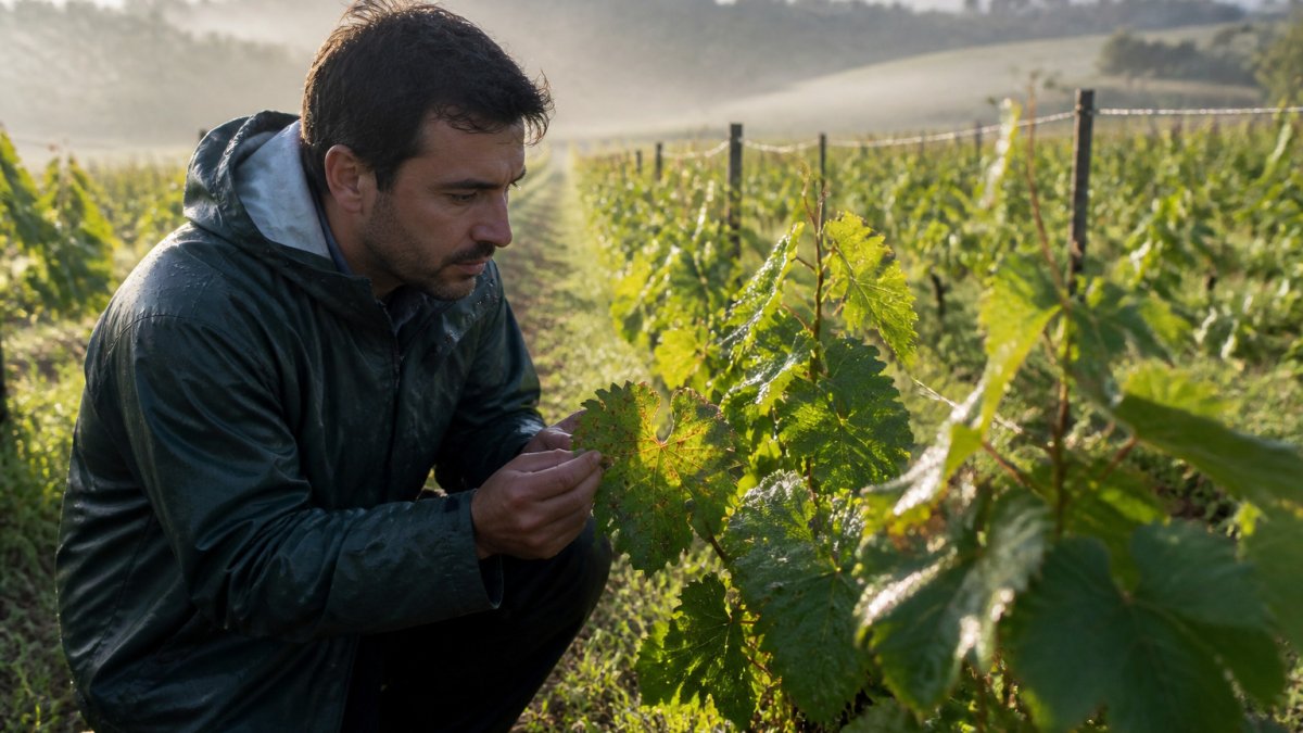 Vineyard worker in a waterproof jacket inspecting grapevine leaves in the morning light