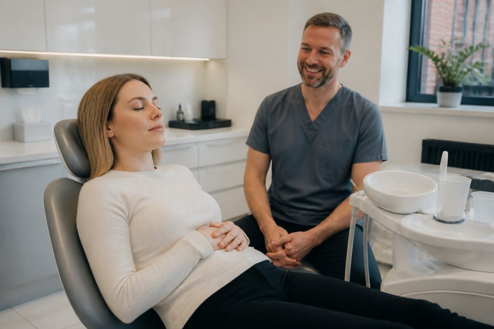 A calm patient in a modern, bright dental chair practising a slow breathing technique with eyes closed, hands resting gently on her stomach, while a friendly dentist waits patiently nearby with a reassuring smile