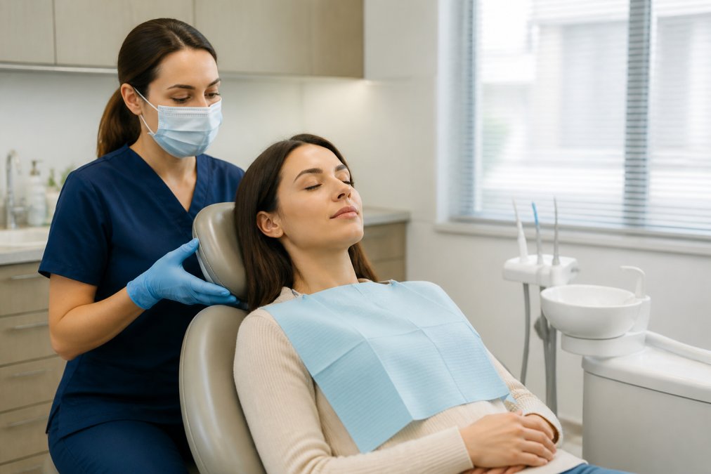 A calm patient sitting in a dental chair with eyes closed, practicing deep breathing while a dental hygienist gently adjusts the chair in a bright, modern dental office