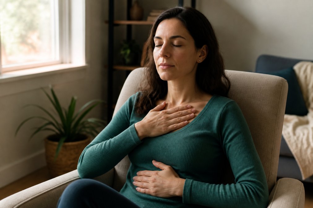 Person practicing deep breathing at home to calm dental anxiety before a visit