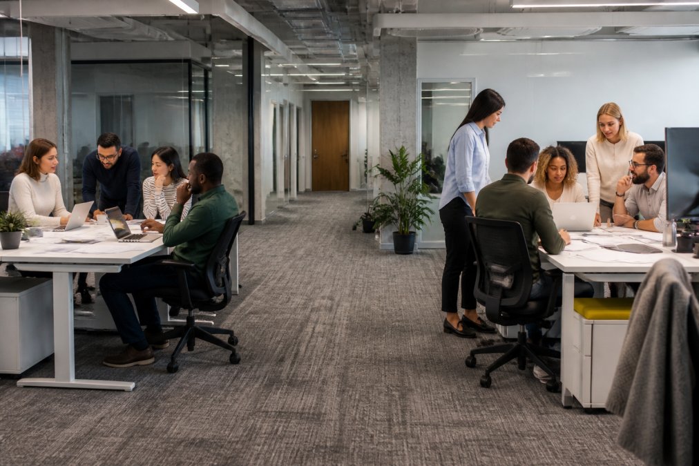 Two teams working in separate office clusters to overcome departmental silos in an open-plan workspace.