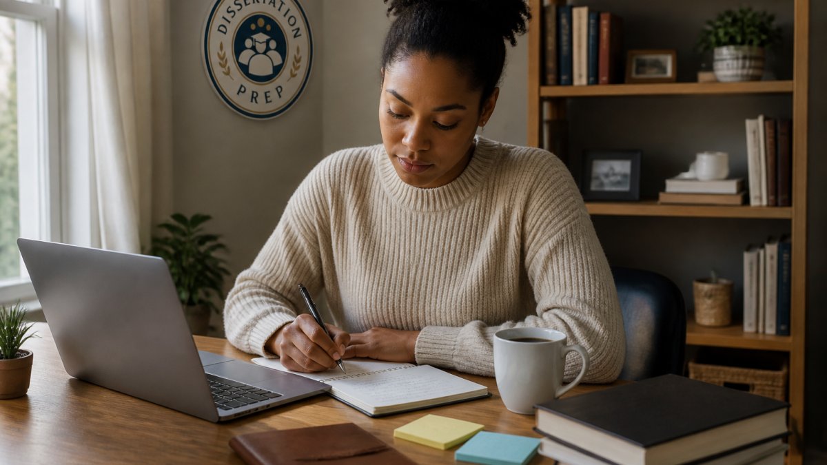 Doctoral student focused on writing on a laptop at a sunlit wooden desk with coffee and a notepad