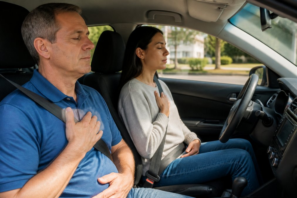 A calm driving instructor sitting beside a focused beginner driver in a parked car, both wearing seatbelts, practicing deep breathing exercises before starting the engine, soft morning light through the windshield