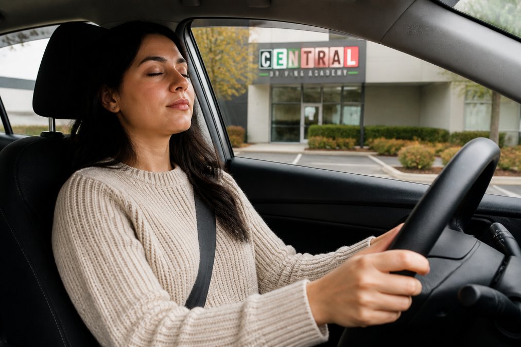 A young adult sitting in the driver's seat of a parked car, eyes closed, practicing slow deep breathing with hands resting calmly on the steering wheel