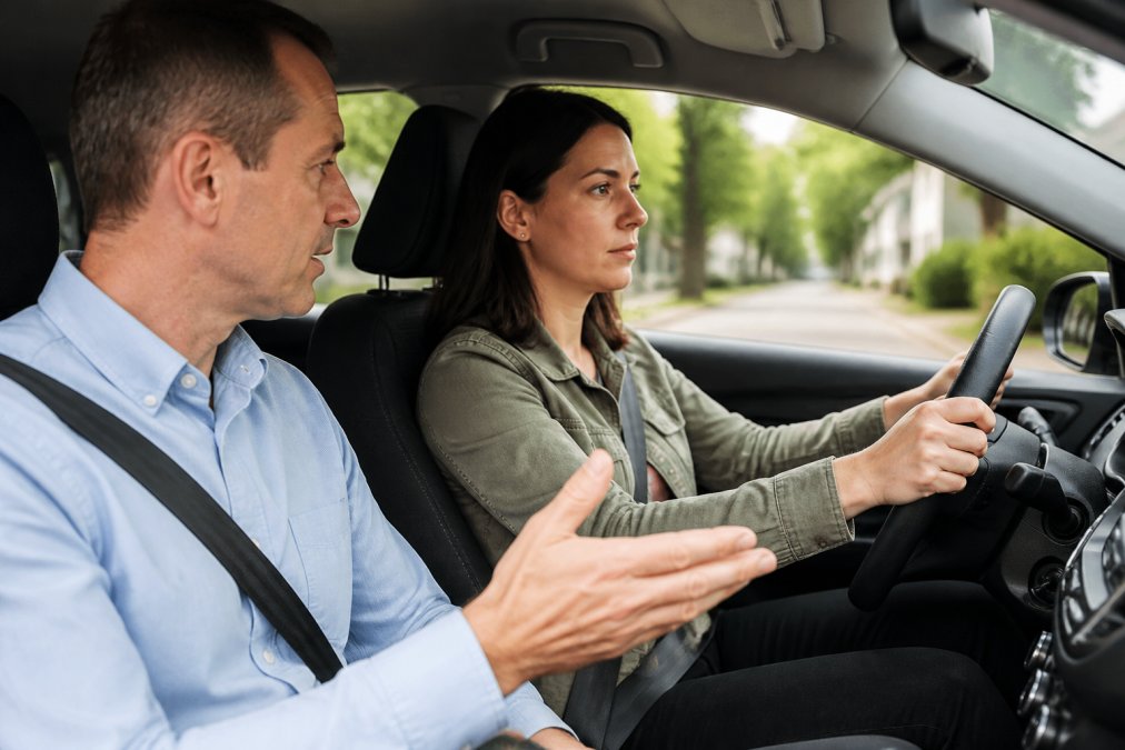 Professional driving instructor sitting calmly in passenger seat next to an adult student driver who appears focused and determined, driving on a quiet residential street during bright daytime, with the instructor gesturing reassuringly