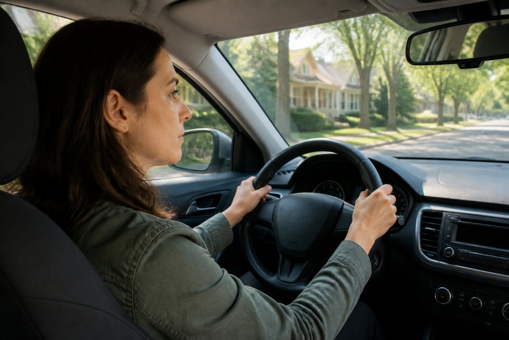 Adult driver gripping the steering wheel with a calm, determined expression, driving on a quiet residential street during bright daytime with clear visibility