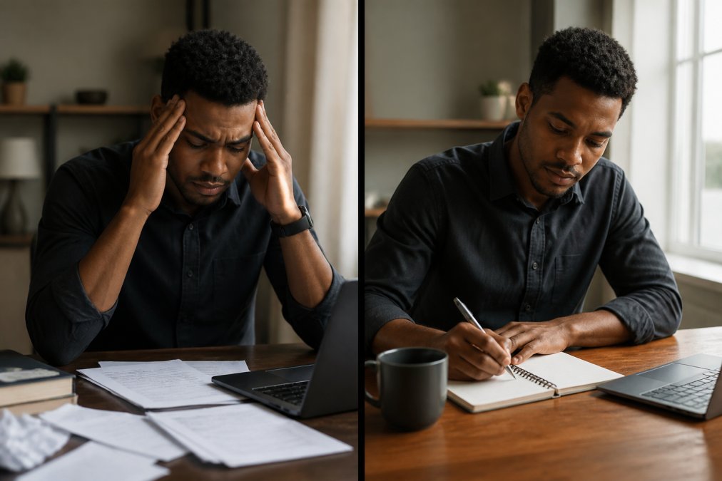 A young professional writing a checklist on a notepad at a clean desk, laptop open beside them, coffee mug nearby, natural window light