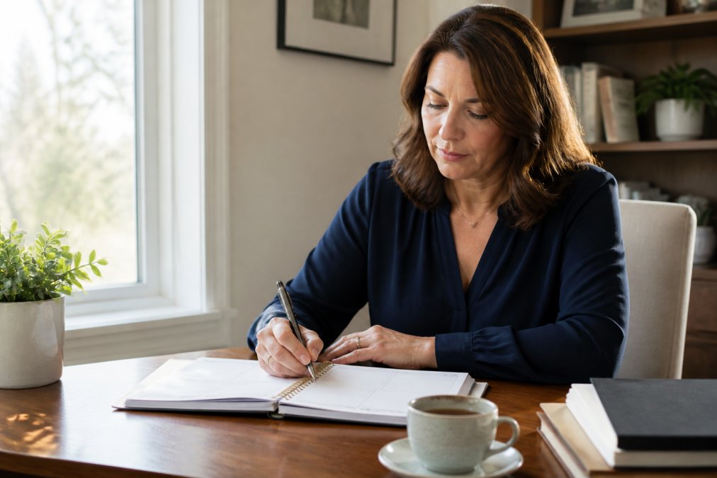 A professional woman in her forties sitting at a tidy home office desk, writing in a paper planner beside a laptop and a cup of tea, morning light through the window, calm and focused expression