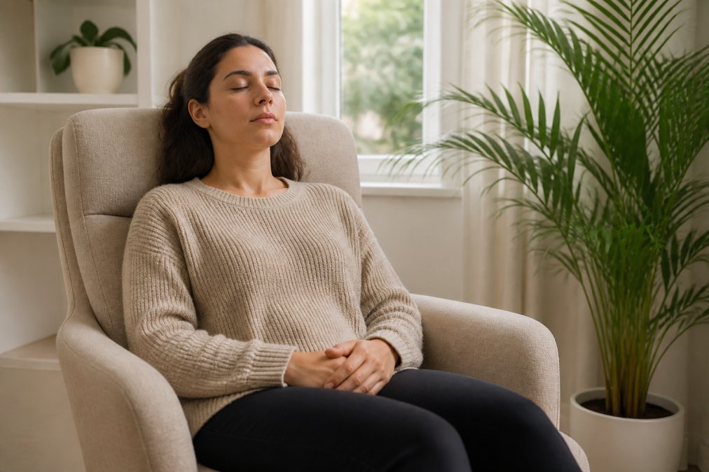 Person practicing progressive muscle relaxation to help overcome extreme dental phobia in a calm clinic chair