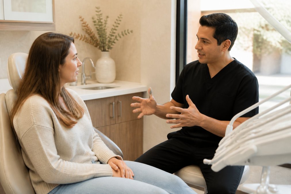Patient having a calm, focused conversation with a dental professional in a bright treatment room with soft natural lighting and warm-toned walls