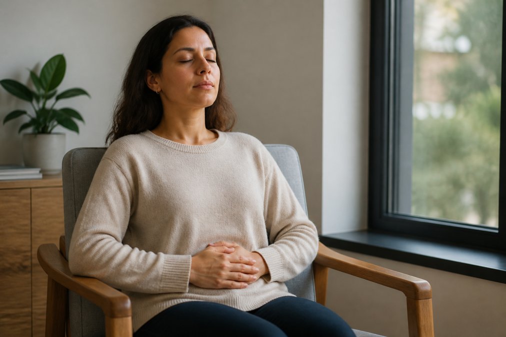 Person sitting in a comfortable chair with hands resting on their lap, eyes closed, practicing calm breathing with relaxed facial expression and soft natural lighting from a nearby window