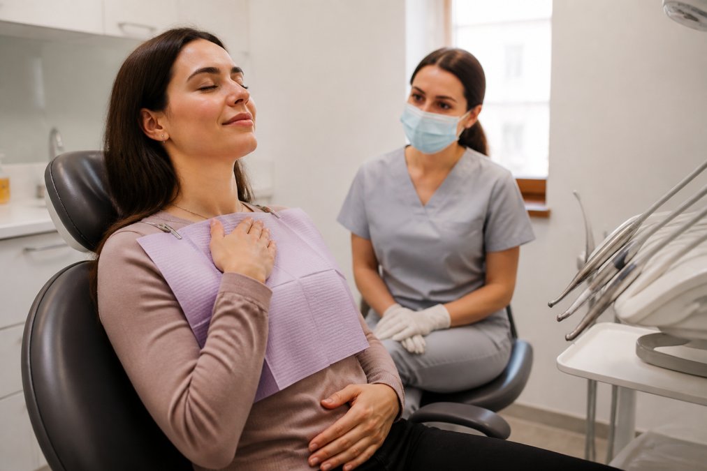 A calm, smiling patient sitting in a modern dental chair with eyes closed, practicing deep breathing while a friendly dentist waits nearby