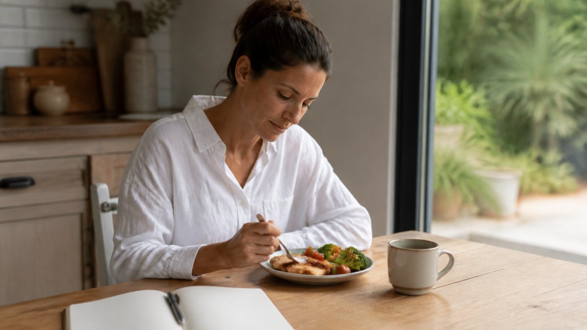 A calm adult sitting at a kitchen table with a small plate of food, a notebook and a cup of tea nearby, soft natural light, relaxed posture