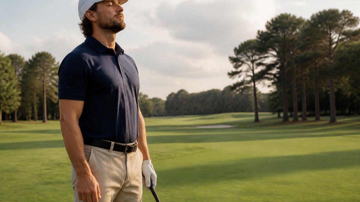 Golfer on the course taking a deep breath with a calm, focused expression before addressing the ball, natural outdoor lighting on the fairway