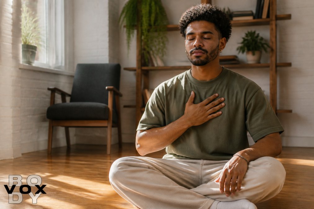 A person sitting cross-legged on a wooden floor in soft natural light, eyes closed, one hand resting gently on their chest in a calm, still breathing posture